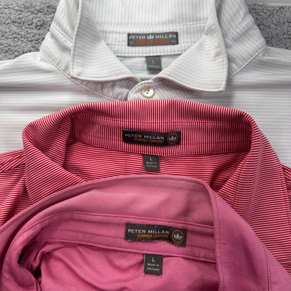 Peter Millar L Polo Shirts Lot of 3 Summer Comfort Pink Red Blue Preppy Golf
